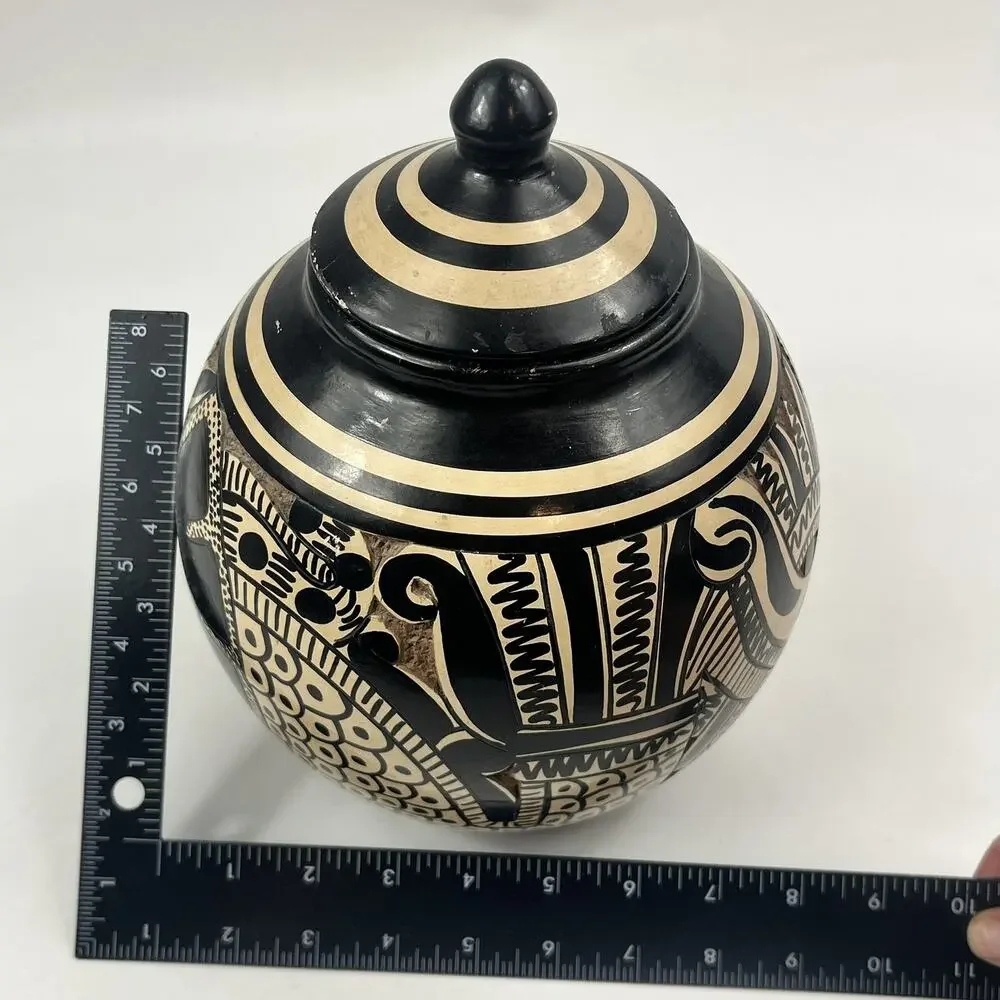 Vintage Sgraffito Pottery Lidded Jar Hand Carved Unique Handmade Black Tan Decor